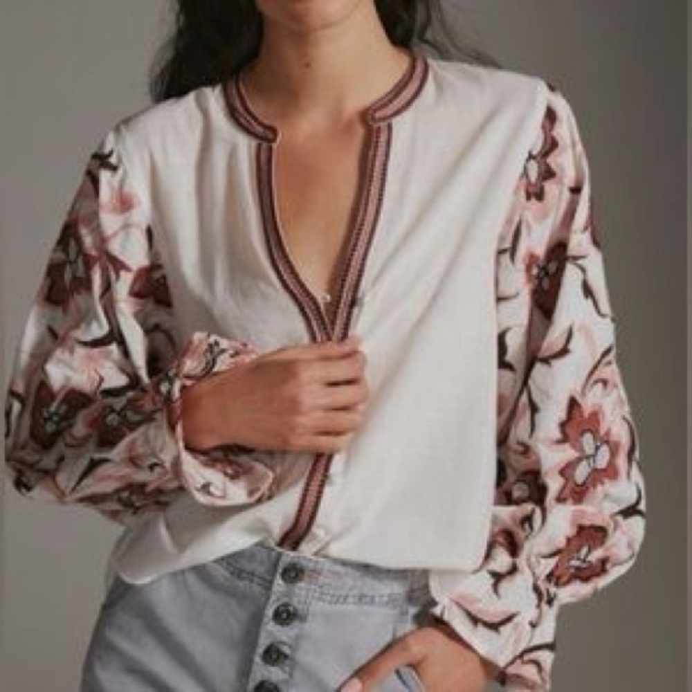 Anthropologie Floral Blouse in White and Pink